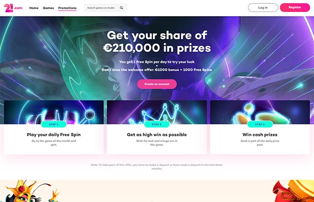 21.com with 21x wager and 210 000 EUR in prices